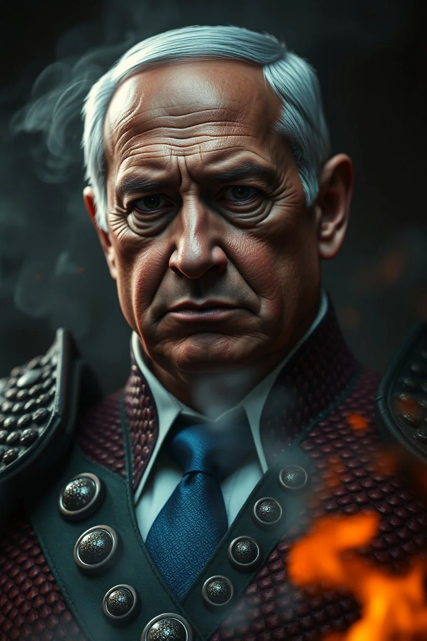 President Netanyahu , red skin, scales, unreal engine 6, high detail, intricate, cinematic. photoshoot style, intricate, studio lighting, masterpiece , highly detailed, 8k, best quality, fire, smoke, dramatic,d,<lora:mshn:0.7>,<lyco:Warrior_Couture:0.5>,