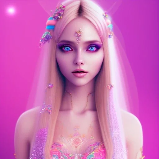 beautiful, soft, smiling face, whole head, long straight blonde hair blues eyes, crown on the head, clothing in transparent bluish and pink veil, background brillante bluish and pink, hight definition, 8K