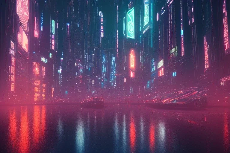 3D, beautiful, light reflecting, empty future city at night, rainy night, neon, cyberpunk, tron, one cyborg walking, 8k, hdr, high contrast, finely detailed, photo realistic