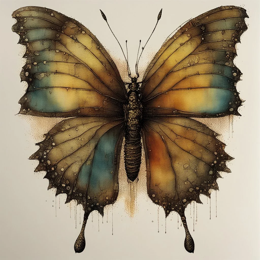 Dry needle technique printed on wet paper, on zinc plate depicts a stunning stylized butterfly style by Albrecht Dürer Modifiers: Color ink combines watercolor texture with pixel art’s crispness