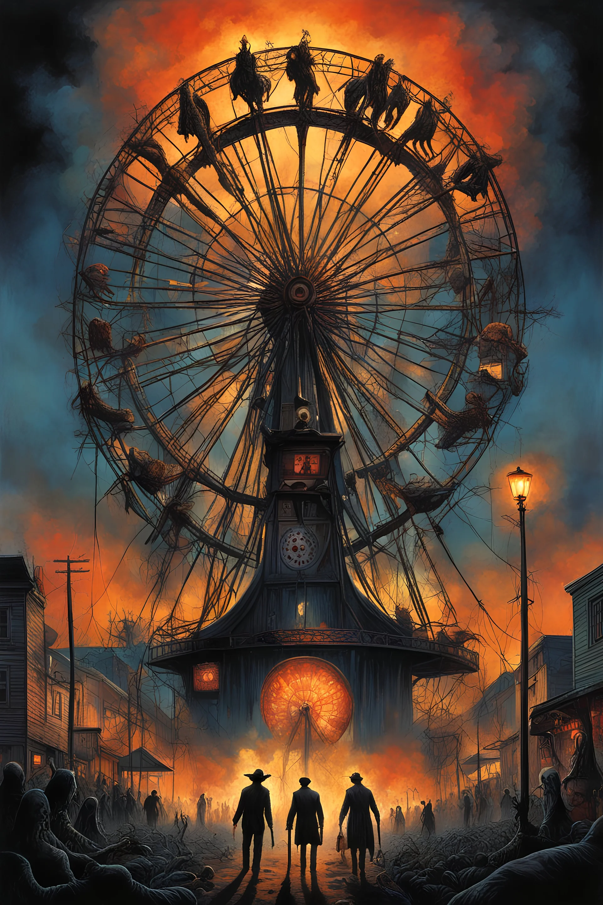 Modern horror Movie poster for text "PLAYING DEAD" layout by Drew Struzan, style of Zdzislaw Beksinski and Dariusz Klimczak, surreal nighttime carnival materializes in small New Hampshire town, rickety burning Ferris wheel spinning out of control, giant devil monkey spirit rules the surreal black circus tents, eerie, uncanny, ghastly surreal horror, double exposure effect, UV reactive Blacklight colors, dramatic, text: "PLAYING DEAD"