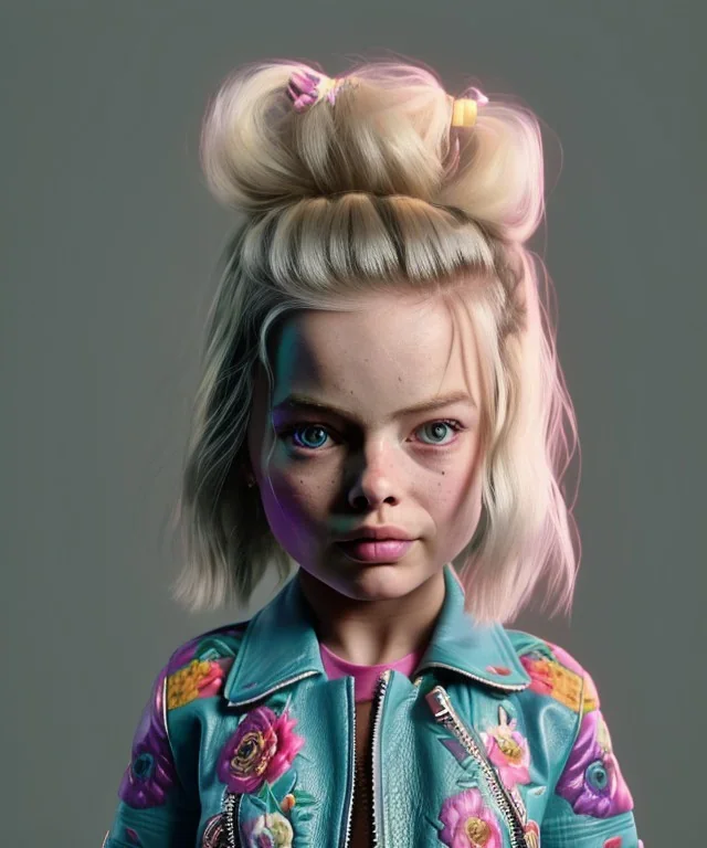 Margot Robbie toddler, full body, sneaker, leather jacket, floral shirt, soft skin, dramatic lighting, hyper realistic