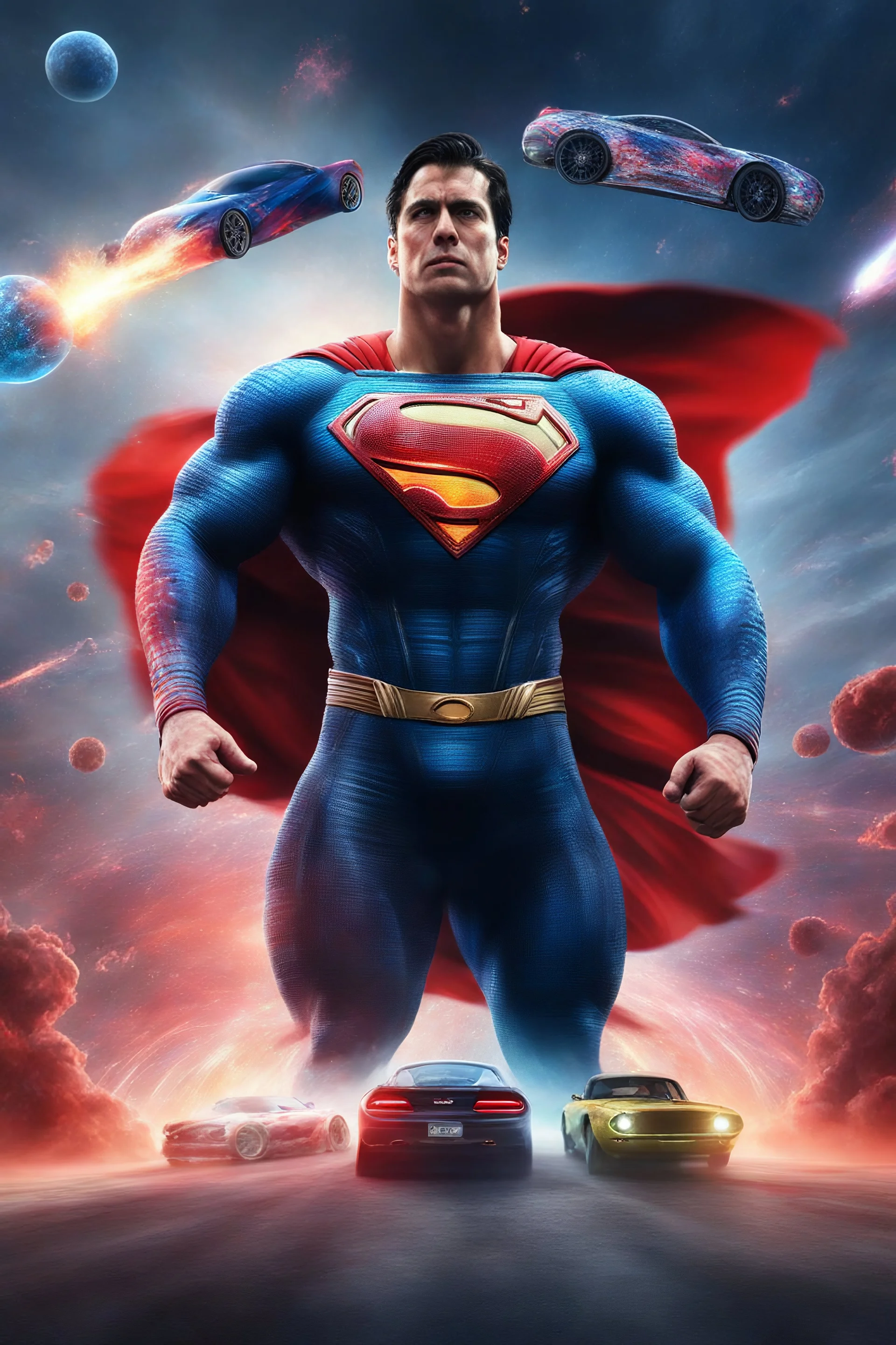 the battle of Superman-Doomsday, cosmic clouds, neon cityscape, muscle cars, planets, moons, stars, cosmic vortex, bright red, every color in the rainbow, 4k, 8k, 16k, 32k. 100k UHD, extremely detailed skin texture, hyper-realistic, photorealistic, Realism Engine, EpicPhotoGasm, Realistic Vision V51