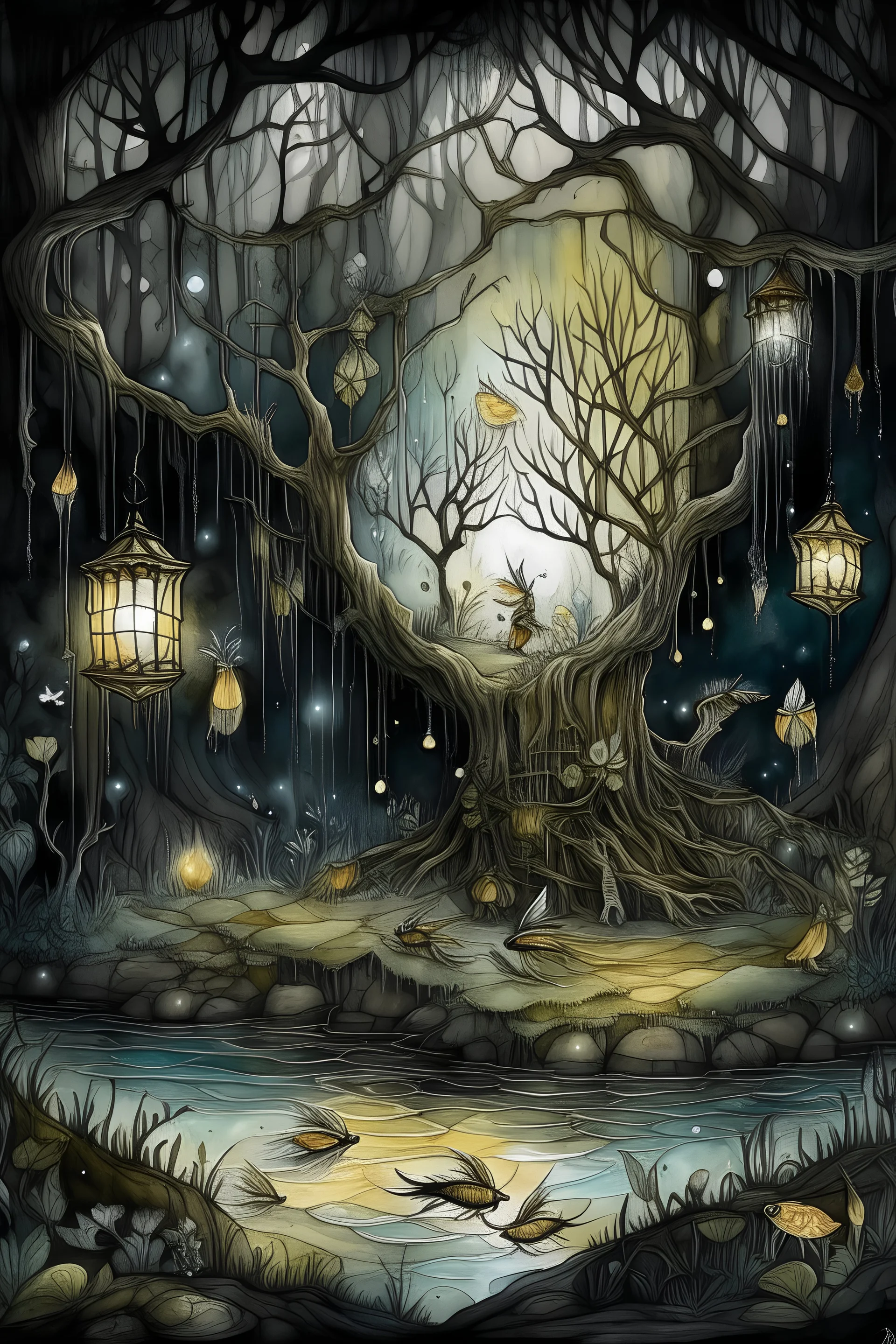 58. landscape, hyperrealism, microdetalization, drawing details, watercolor, ink, clear contour, luminous, 3d, multilayer, dark fantasy, dark botanical, color illustration, volumetric. in the swamp, a large lantern hangs on an old tree and a lot of moths around, gnarled trees, fireflies, cobwebs, lichen, moss, many bright flowers and water lilies, thorns and scarlet hellebore.