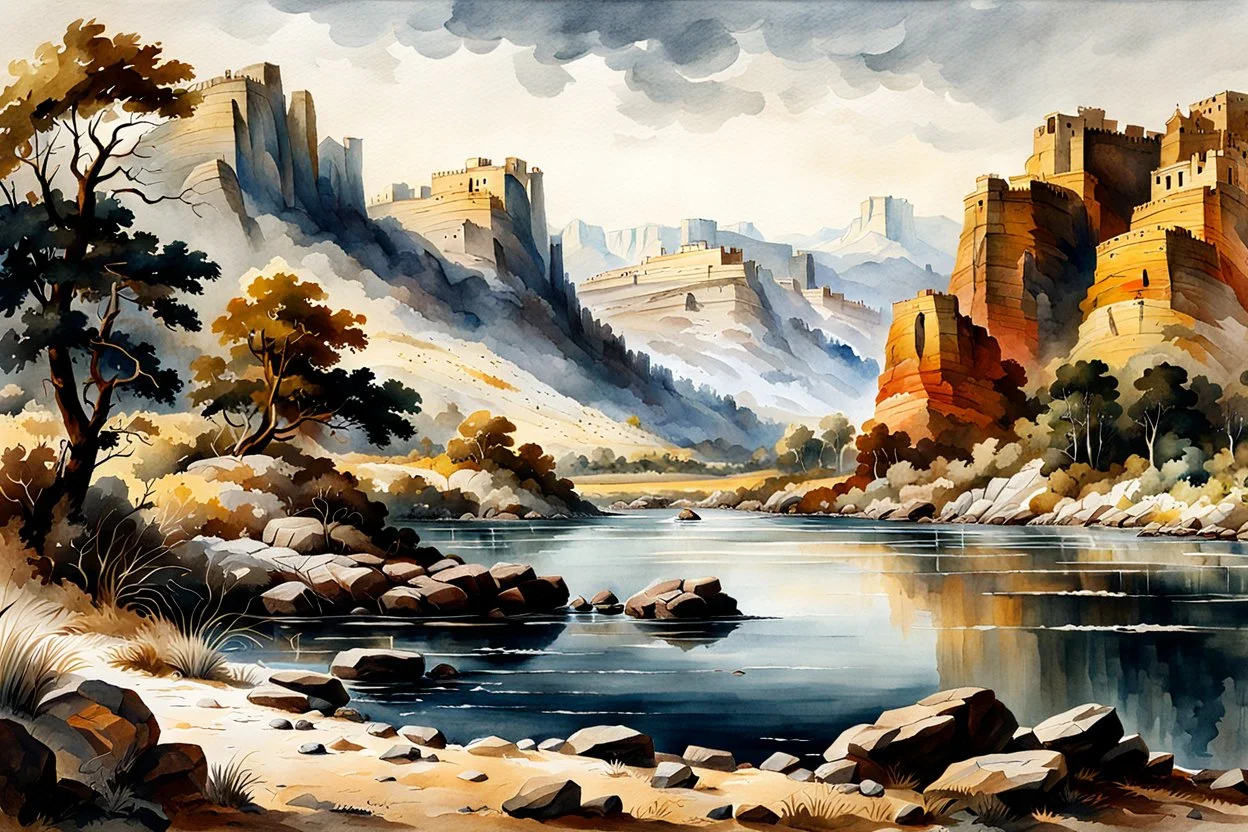 museum quality watercolor painting of the early 19th century, undiscovered American Southwest in the style of Karl Bodmer, and Winslow Homer, rendered as an aquatint, with a fine art aesthetic, highly detailed , 8k UHD cinegraphic realism