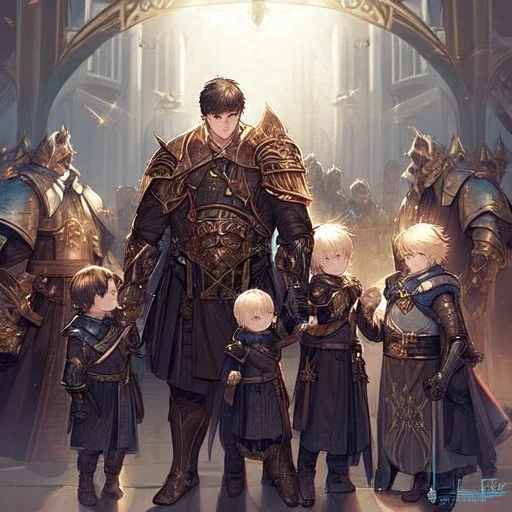 Boy wearing leather armor with family