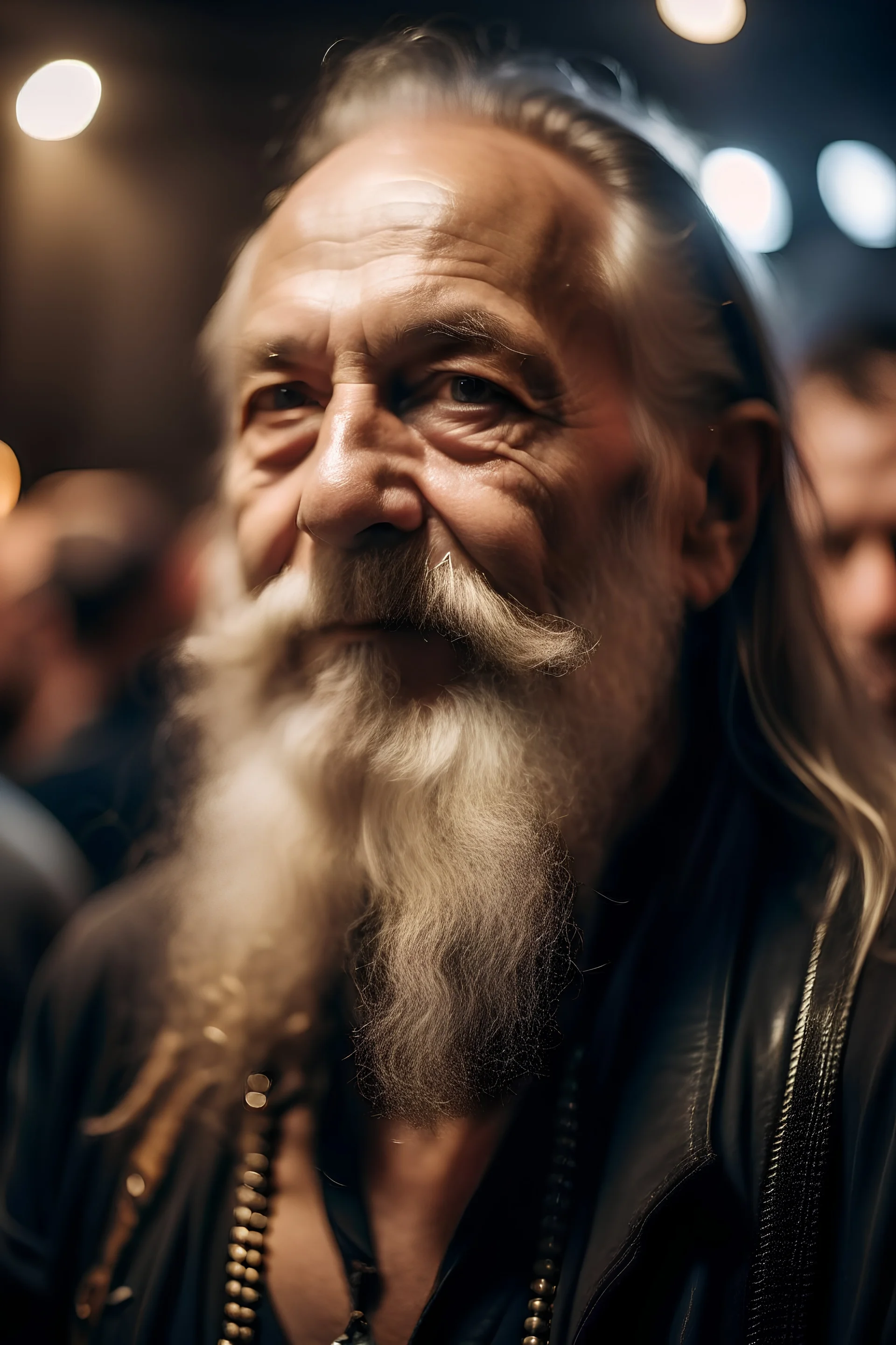 nice looking old man with beard attending a heavy metal concert