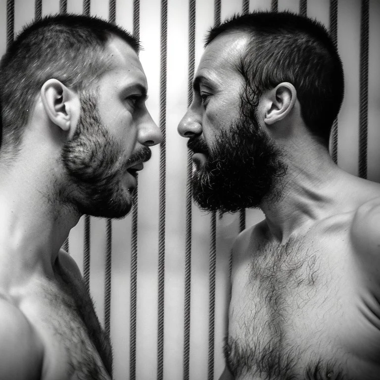 extreme close up photo of two italian prisoners in tank top 40 years old kissing in prison behind bars, chubby, dirty, ugly, bullneck, muscular, short beard, long hairs, manly chest, misery and poverty, emotive eyes, photo 35mm lens, side view, photorealistic, ultradetailed