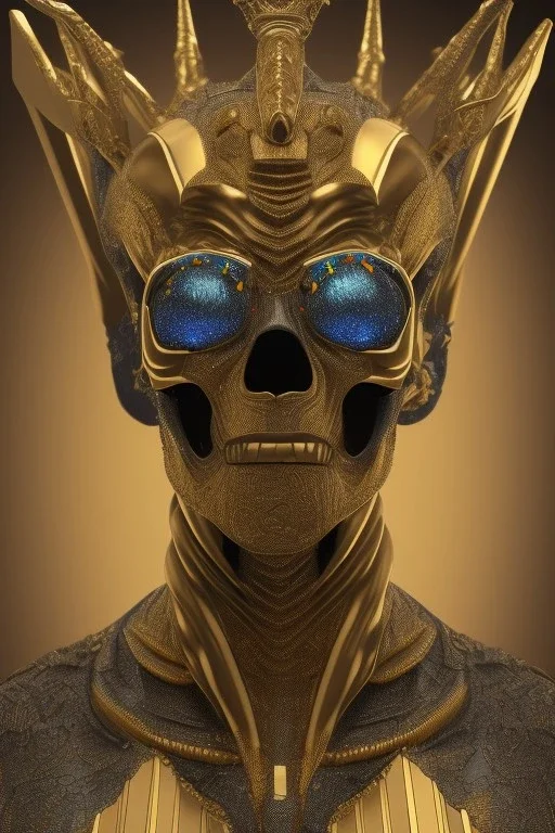 black male African Egyptian alien, cracks in the voodoo head, wicked, diamond eyes, crown, blood, 8k, finely detailed, photo realistic, tiger turquoise skull head gold dragon space alien snow skeleton gold teeth silver crown silver space suit spaceships