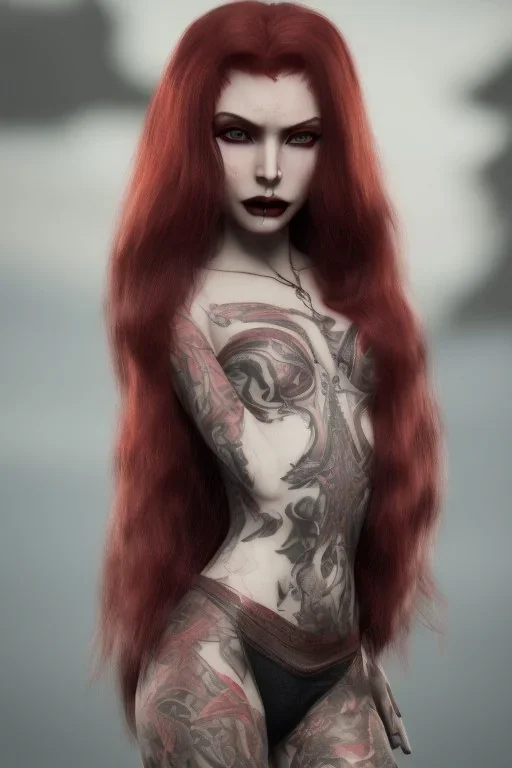 beauty vampire woman with long red hair, with tattoos, full