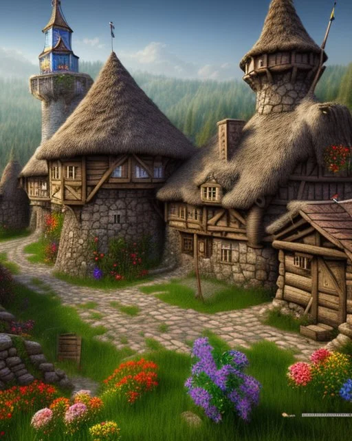 medieval fantasy village with flowers rpg art