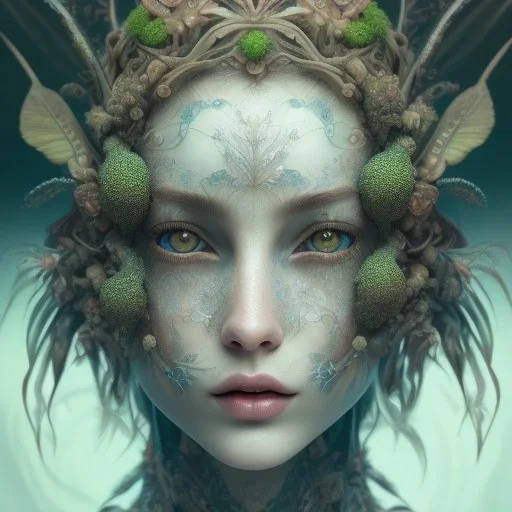 karlan, plant metal, feathers, Dryad, fae, sidhe, butterflies, nature, plants, wildflower background, face tattoo, intricate, oil on canvas, masterpiece, expert, insanely detailed, 4k resolution, cute big circular reflective eyes, cinematic smooth, intricate detail, soft smooth lighting, painted Renaissance style