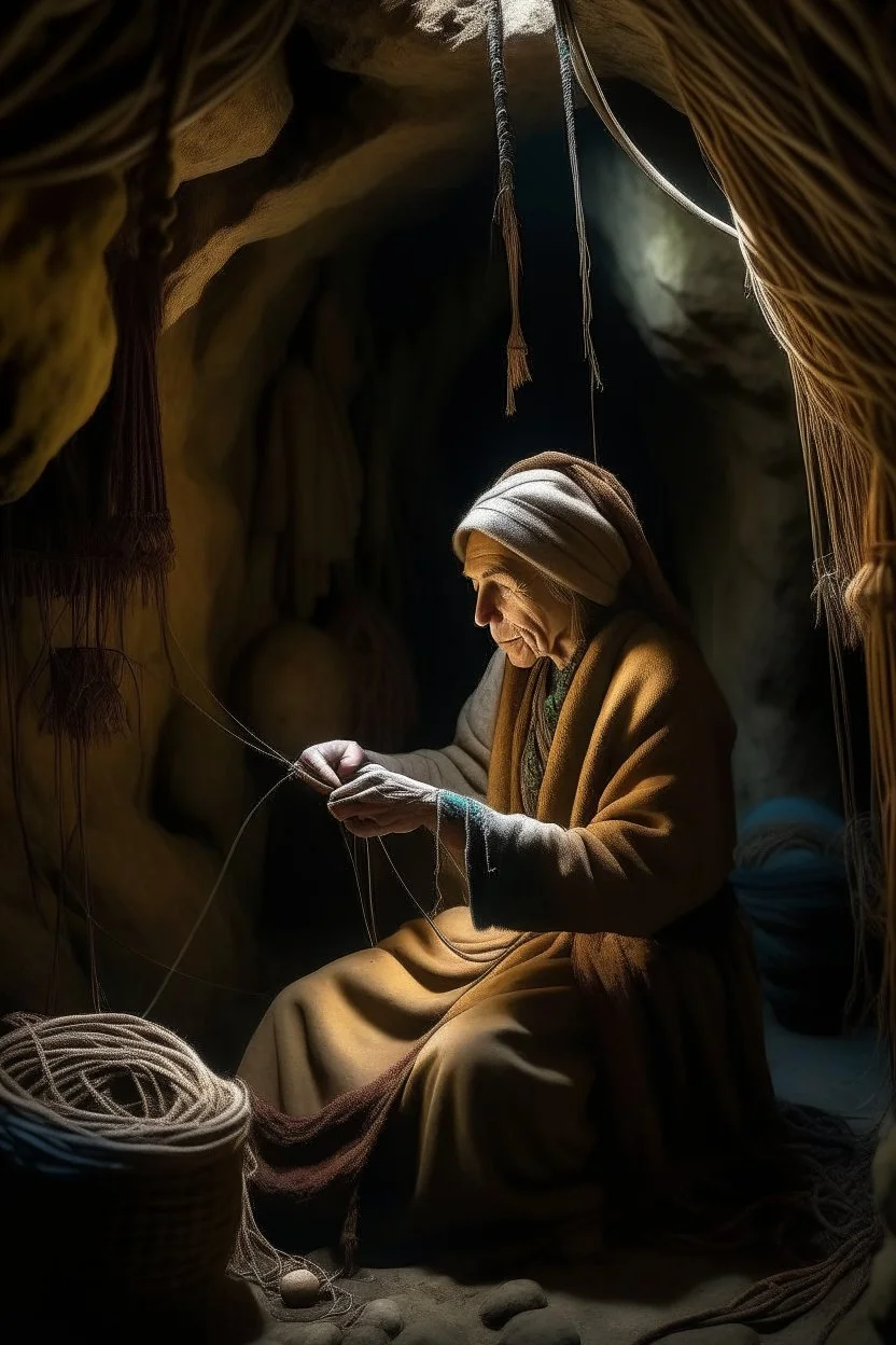 سيدة تحيك الصوف في مغارة