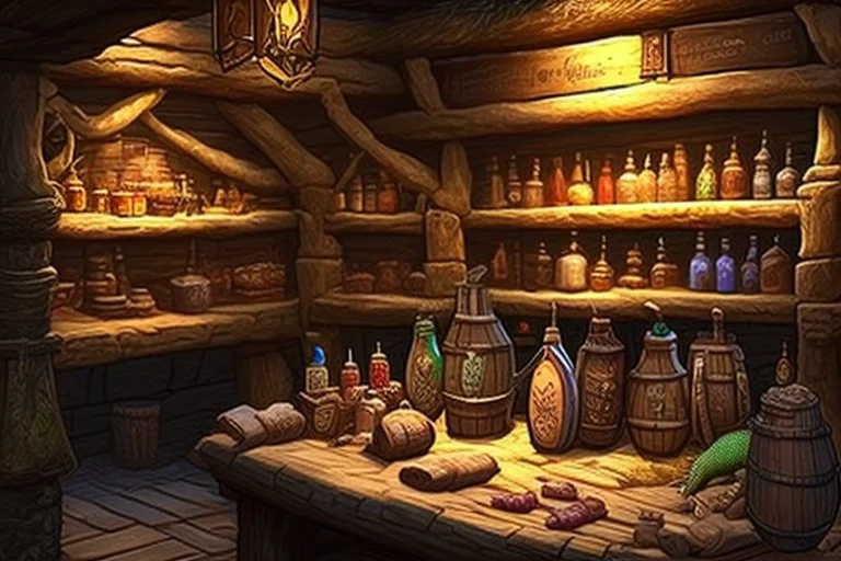 inside of a medieval shop, wooden walls, log pillars, stone bar with shop keeper behind it, magical ingredients on display and weapons on display. people, elves, goblins, orcs, dwarves and lizard folk in room. low lighting and creatures in containers. shelves half empty