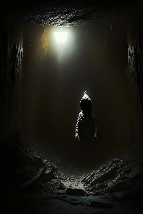 character in semi-darkness, on the scree cone of an underground room dimly lit by daylight coming from a well located forty meters above.