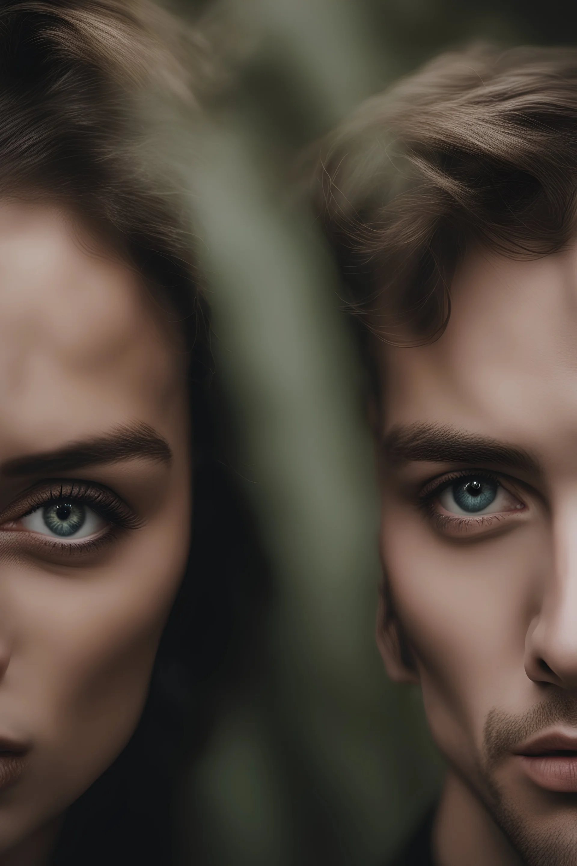 A surrealistic portrait of two lovers, their eyes locked in a passionate . HOF, full size, (((realism, realphoto, photography, portrait,beautiful, charming, professional photographer, captured with professional DSLR camera, 64k,