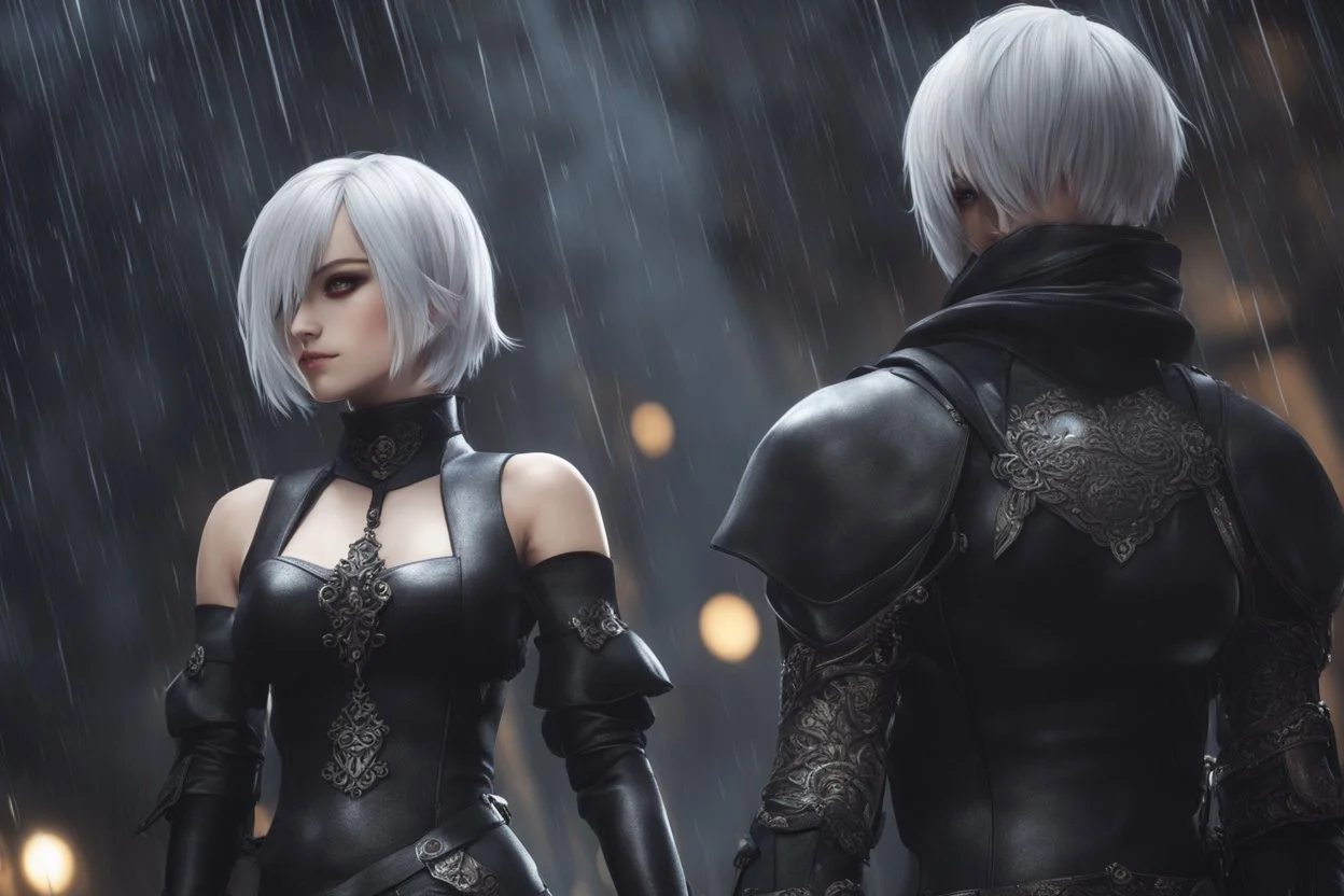 Beautiful 2B with blindfoldin 8k nier automata artstyle, 2B them, 2B Custom, cover eyes, close picture, rain, fantasy world, intricate details, highly detailed, high details, detailed portrait, masterpiece,ultra detailed, ultra quality