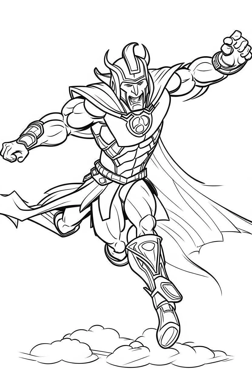 a cartoon image of thor flying. kids coloring book. no color. thin crisp lines