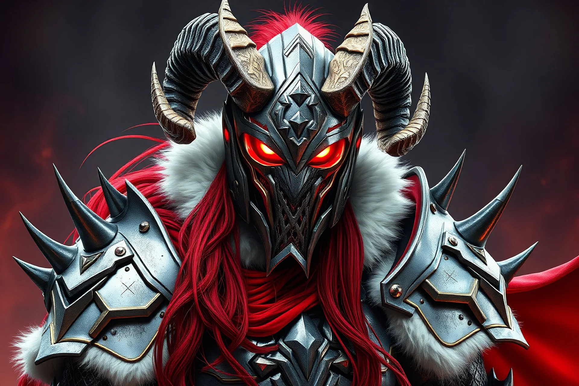 silver and gold demon armor with glowing red eyes, and a ghostly red flowing cape, crimson trim flows throughout the armor, the helmet is fully covering the face, black and red spikes erupt from the shoulder pads, long red hair coming out the back of the helmet, spikes erupting from the shoulder pads and gauntlets, white fur collar around the neck, demonic ram horns coming from the helmet