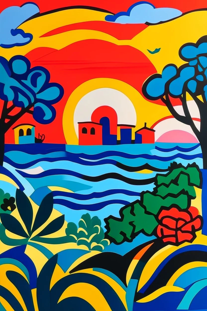 Sunset over south of France in the style of Matisse