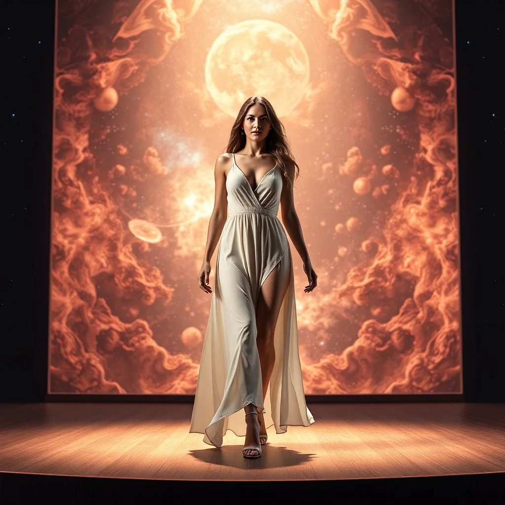 A full-body shot of a beautiful lady walking on a nice stage and looking at the camera 3D fractal interstellar world.