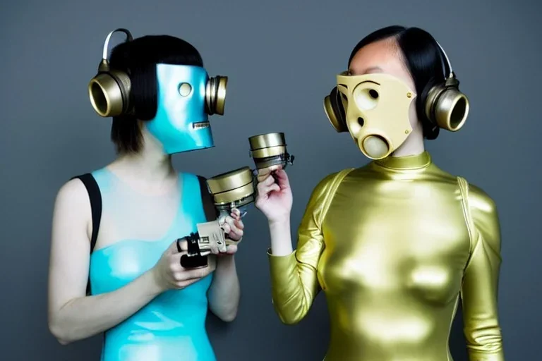 Golden to cyan surfaces body, latex. Tendril-gas-mask-Synthesizer-proboscis. Lightly armored bodies. Metallic headphones and speakers. Jenni Vartiainen and Asa Akira. Old-fashioned cameras integrated to heads. simple faces. Strange Steam-punk Silver tumbler hands! Dystopia perfect body. Mind-download from 1970's computer. Partly symmetrical in relation to the computer. Perfect golden ratio in all directions. Space-corruption. Steam-machines-tubes. Oppressive atmosphere. Thick cables, Enigma DDT