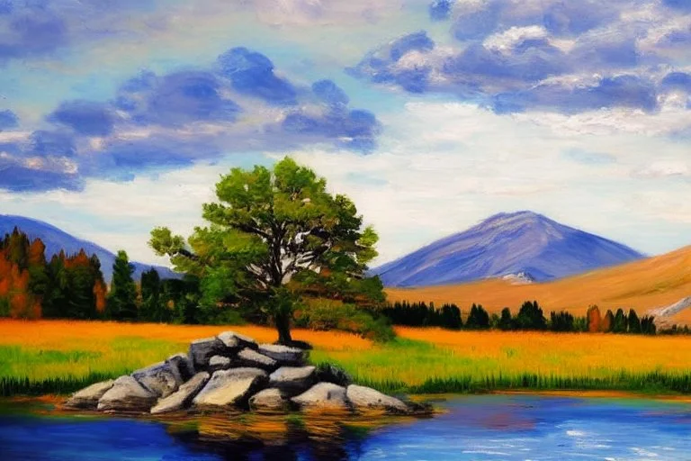 Clouds, mountains, tree, rocks, grass, lake, lake reflections, distant mountains, distant trees, impressionism painting