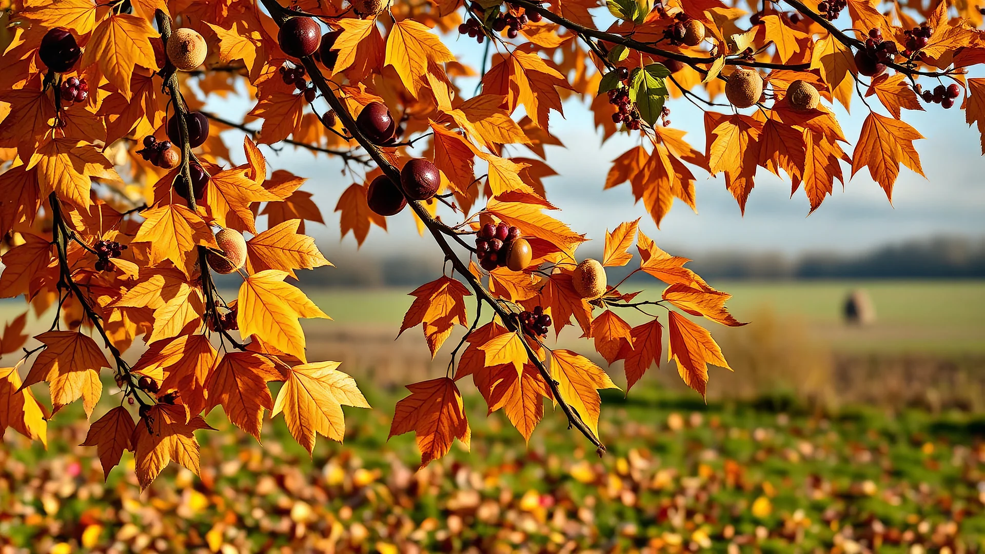 Autumn: falling leaves, chestnuts, acorns, berries, rowan, holly, mistletoe, Misty mornings, fog over distant fields or forests, sunshine; people wear scarves, woolly hats, gloves, steaming hot drinks; birds migrating, squirrels gathering nuts, rabbits, beautiful colours, atmospheric. Award winning photograph.