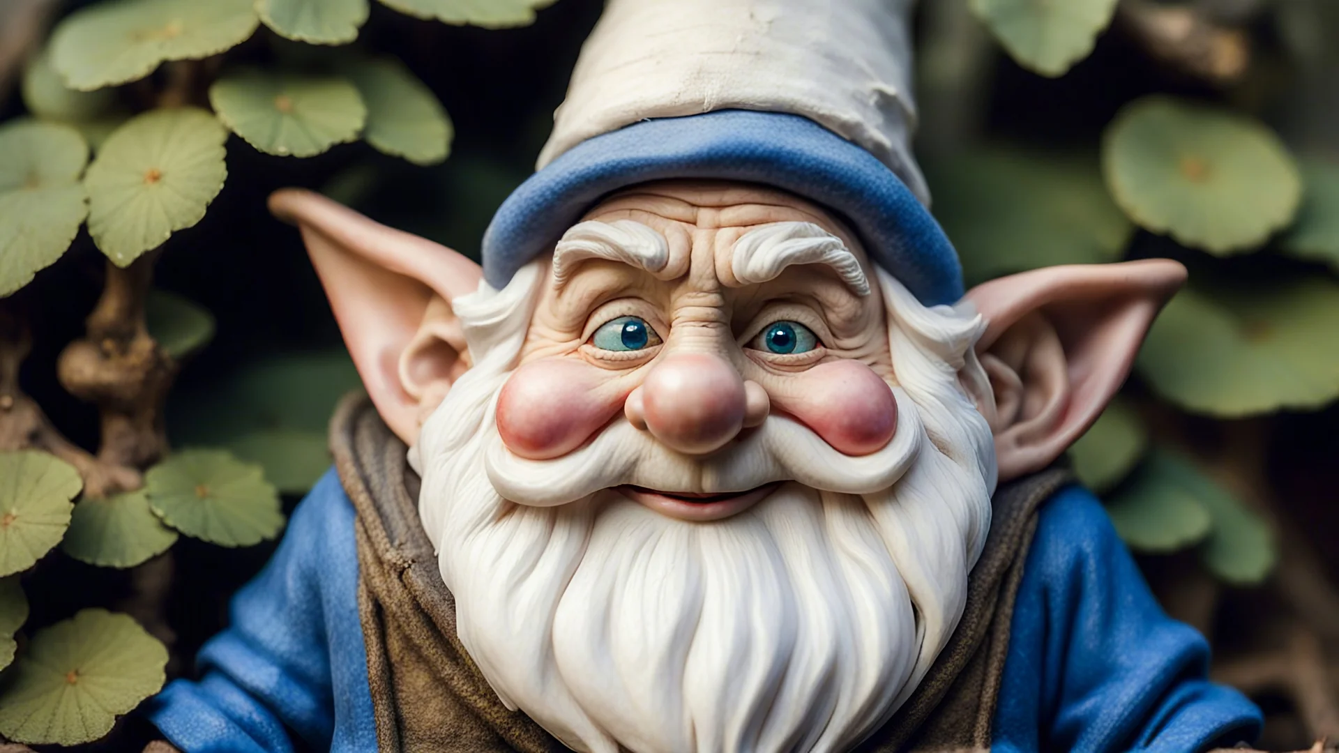 A close up photograph of an old smiling gnome showing detailed wrinkles, largish nose, full round cheeks, nice welcoming blue eyes, old scraggly long white beard with largish pointed ears , wearing a big old pointed hat just covering the tops of his ears, dressed in an old long cloak to match his hat, standing with a few bushes around him but only his torso in the picture with a misty forest background behind with the trees barely visible.