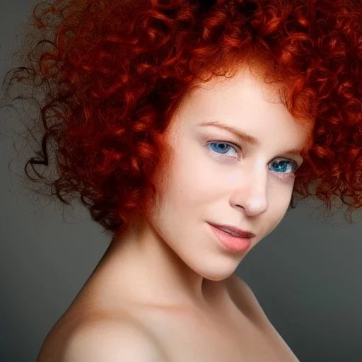 Woman with red curly hair and brown eyes