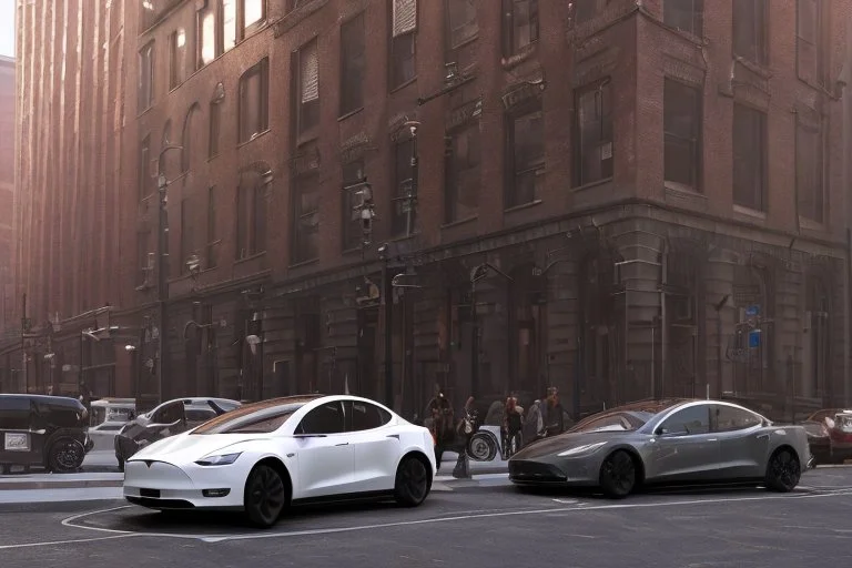 A Tesla 'Model S' is parked, near the Flatiron Building in Manhattan. (CINEMATIC, WIDE ANGLE LENS, PHOTO REAL)