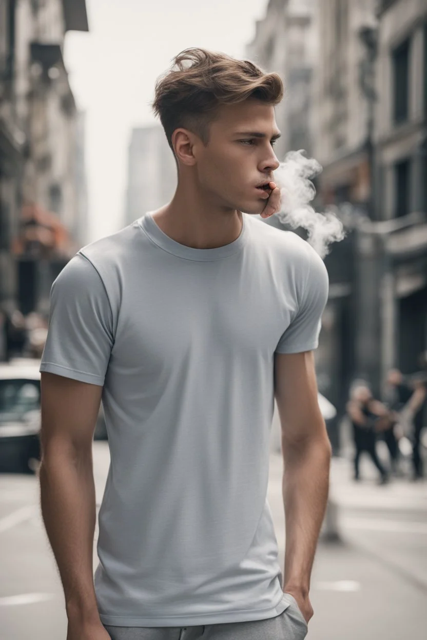 A 25-year-old boy in a men's sports tee is walking in the city, thinking with his head down, smoking a cigarette, and possessing the power of a god