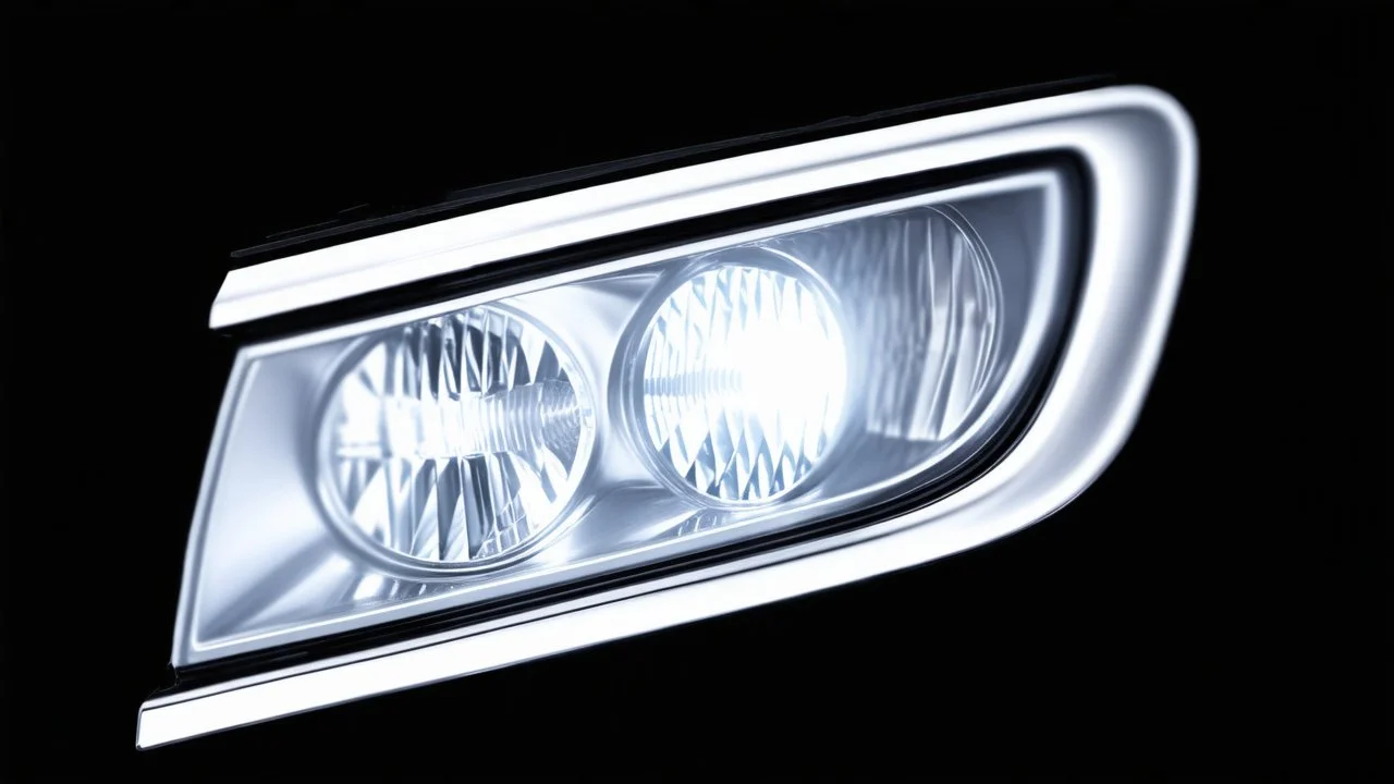 vehicle headlight(with chrome trim) on black background, add details and inner glow