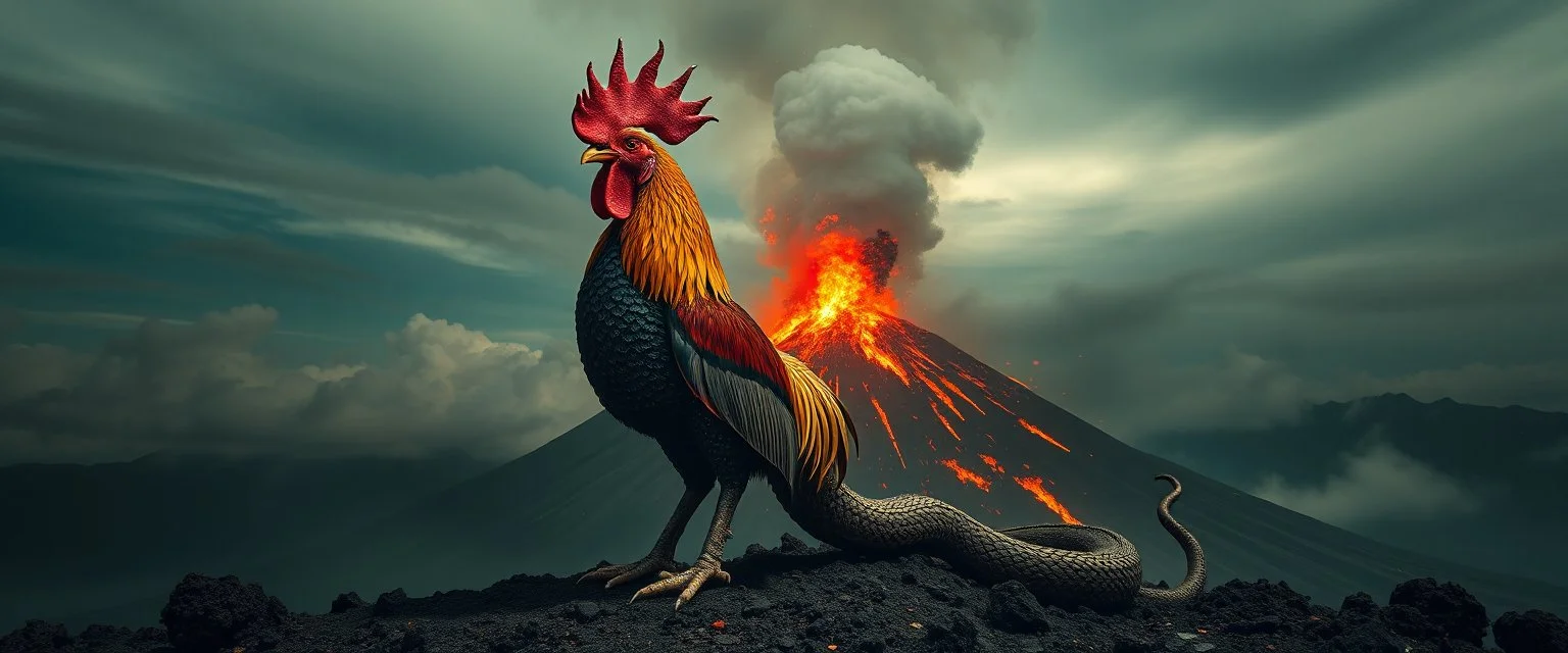 Neubraxas older than God fire and darkness volcano Haiti god with rooster head and serpent legs as a vision of the beginning of awakening within a dream of paint color and time, 365