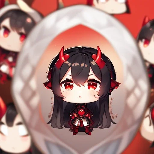 Clear focus,High resolution,High quality, Black long hair, Red eyes, Red horns, chibi