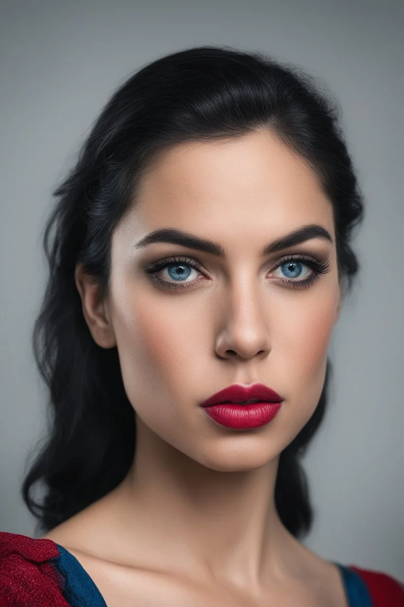 an extremely ugly abomination of a girl with great big pouty lips:1.5 and a humongous nose:1.5, wide set slanted soft blue eyes, extremely pointed chin, black hair, Wonder Woman, medium long shot, wide angle shot, full body image, head to toe, red lipstick