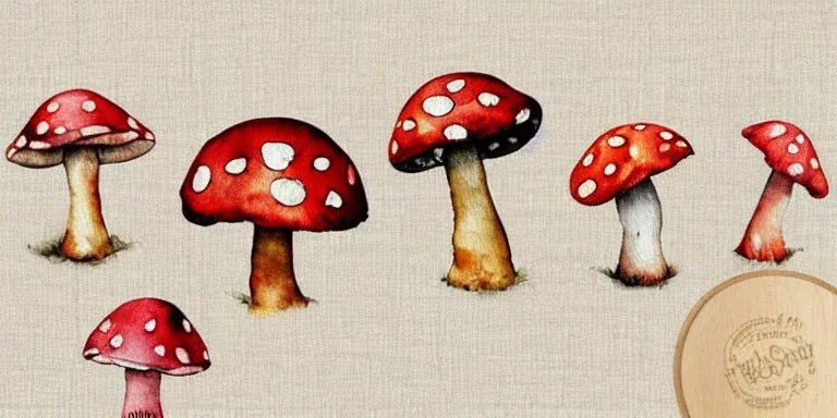 exquisite whimsical mushroom watercolor, delicate mushroom, cute, adorable, linen backdrop, warm colors