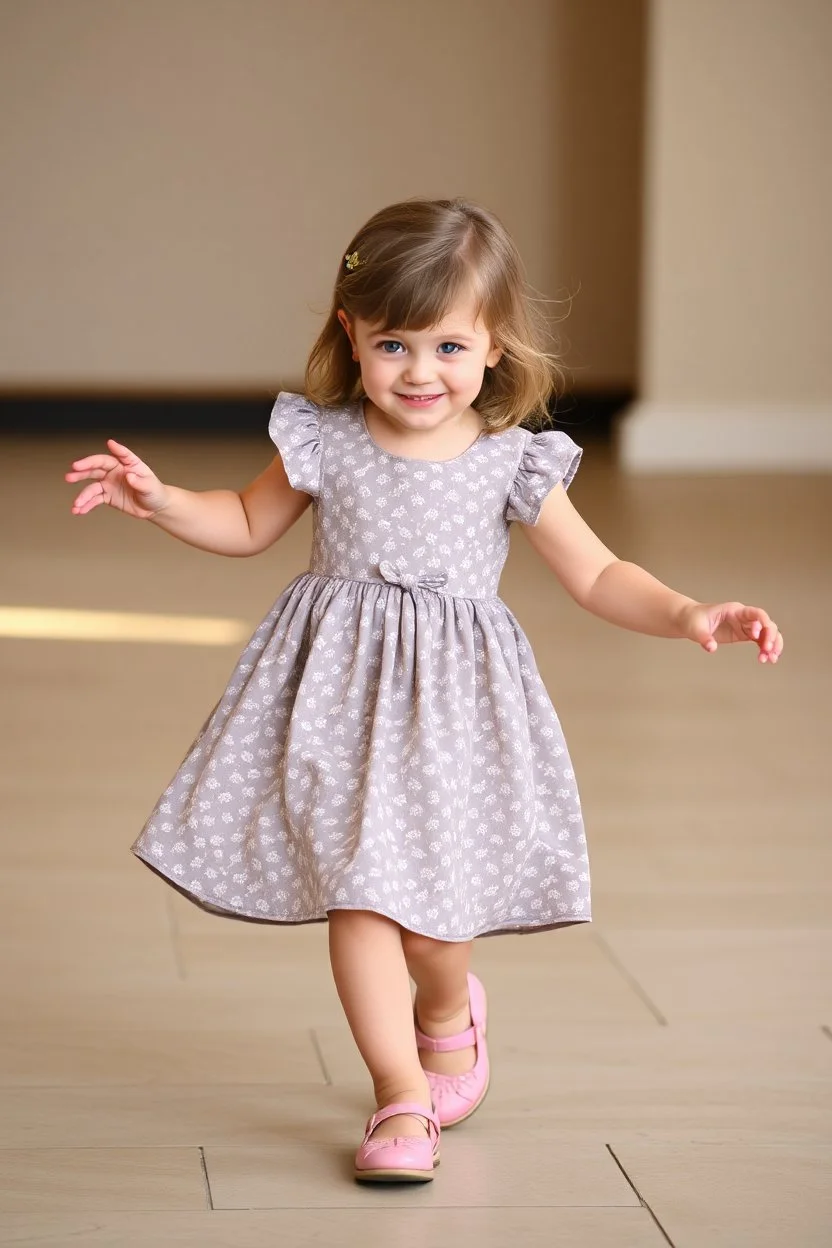 a pretty 5 years old girl with blue eyes and nice dress and shoes dancing and playing joyfully