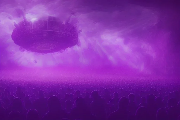 look from above at An orchestra playing on stage purple color scheme, high key lighting, volumetric light high details psychedelic background