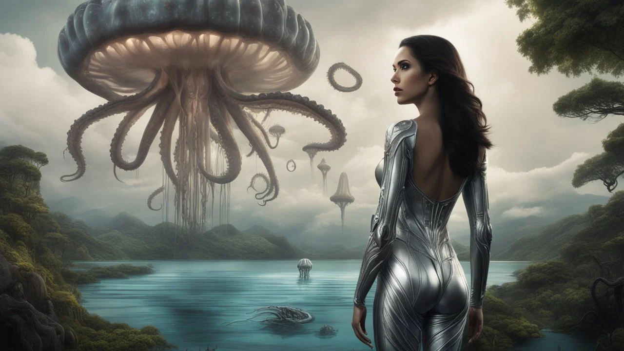 Detailed matte painting of a wide-angle shot of a woman, standing on the left side of the shot, with dark hair in a silver robotic catsuit, many large floating jellyfish with octopus tentacles, alien jungle trees in the distance, with an alien beach and lake