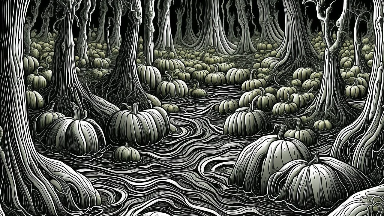 A gray toxic swamp with pumpkins designed in Javanese shadow puppets painted by MC Escher