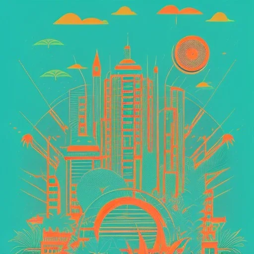 tropical city, latino, plants, streets, risograph, flat design, 2 colors