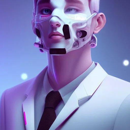 man, cute face, white highlight hair, brown eye, white, skin, purple suits, futuristic, science, purple, blue, pink background lighting, technology, profile, asian boy, square face, eye