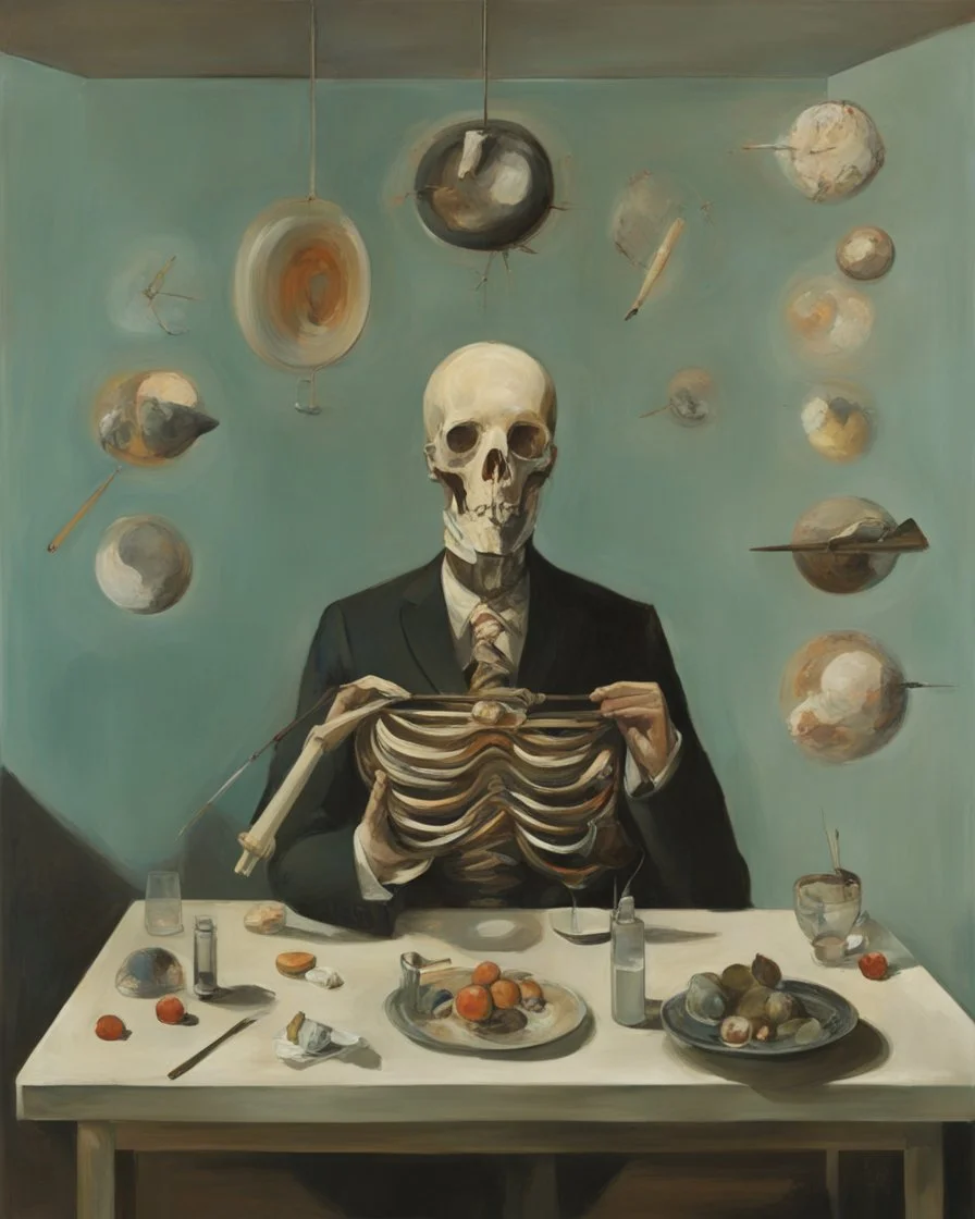 human body, universe-like table,complex surgical instruments mixed with human body-like musical instruments,minimalism,Painting By Adrian Ghenie, Rene Magritte, Salvador Dali, Lucian Freud