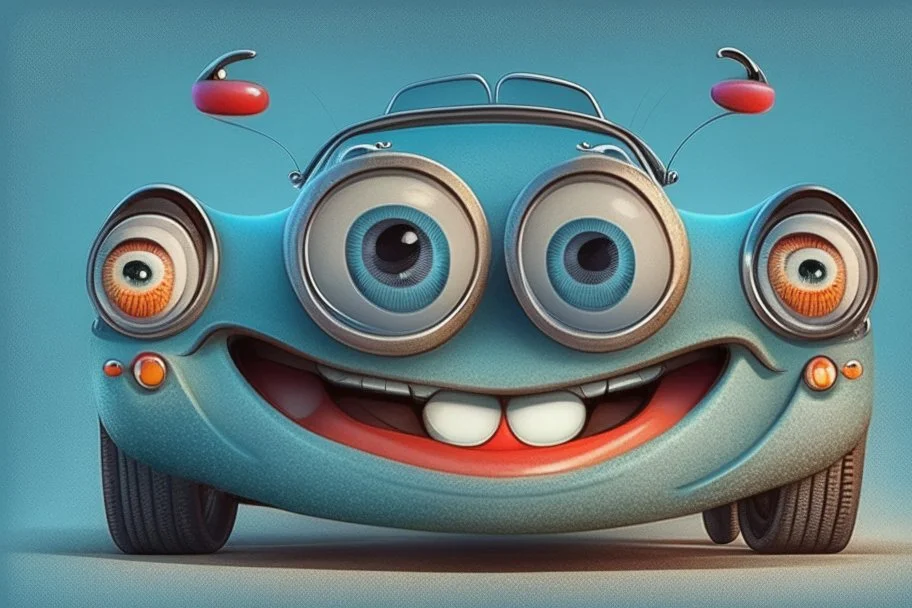 whimsical cartoon car with big eyes and its front grill forming a friendly smile