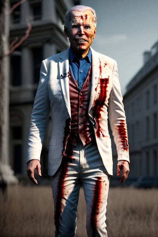 Ultra realistic image, joe biden zombie, zombie performance, suit, skull, blood, torn arm, night, walking twisted, waist up view, thriller style, dark ambient, highly detailed, White House background, concept art, unreal engine 5, ray tracing, RTX, ultra detail, volumetric lighting, high definition, high resolution.