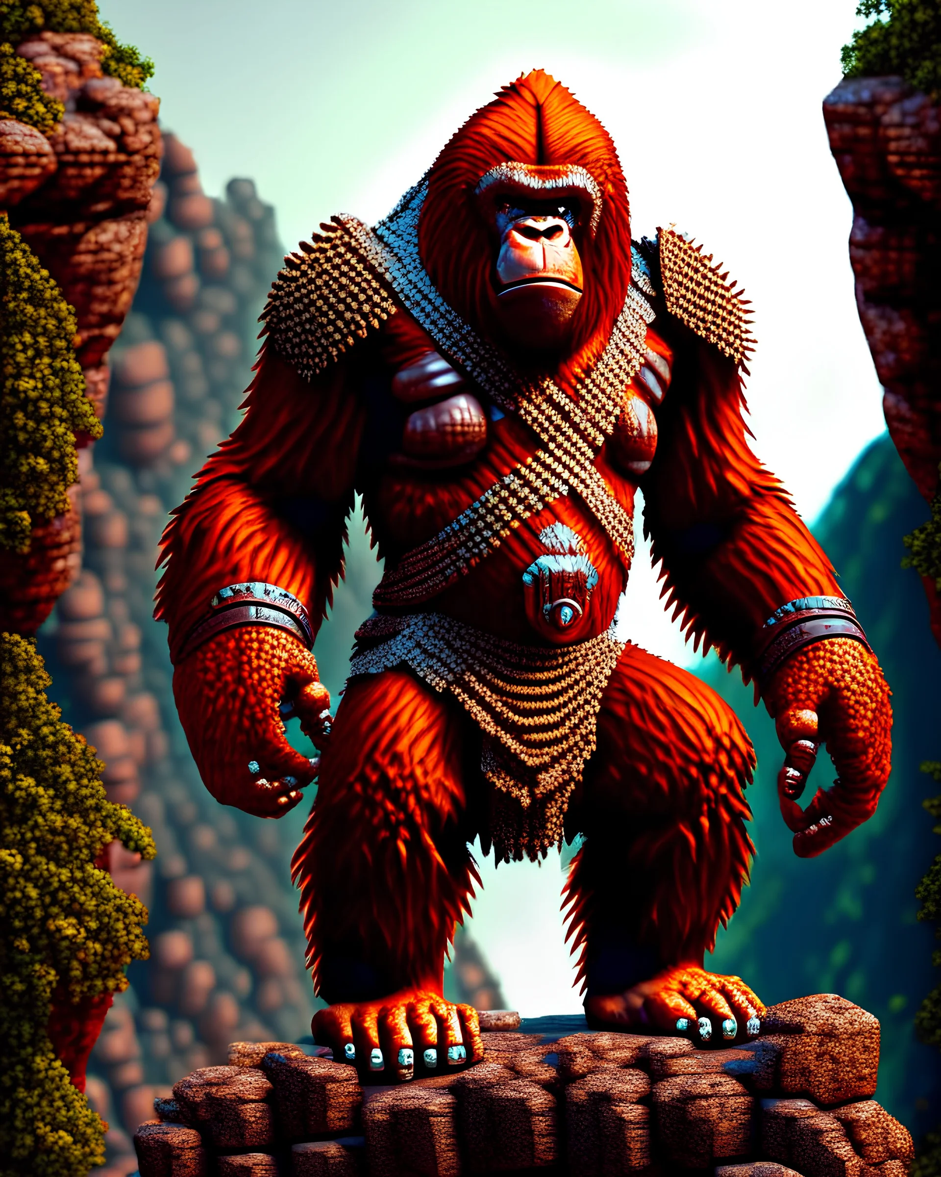 Orangutan Assassin Gothic symmetrical design standing on the edge of a cliff frontal view full body full arms full legs full head full pixel art hyper-detailed hyper-realistic full legs 8k