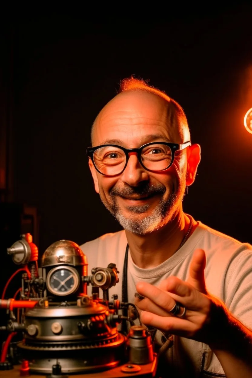 Portrait of a man with a radio helmet on his head. Wearing glasses. A small beard of pepper and salt. He is bald. White. He is a metal fan and smiles. Flames surround him. In the background, a robot gives him a finger.