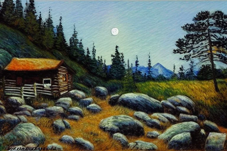 Night, moon, cabin, trees, rocks, pathway, grass, distant mountains, distant trees, impressionism painting