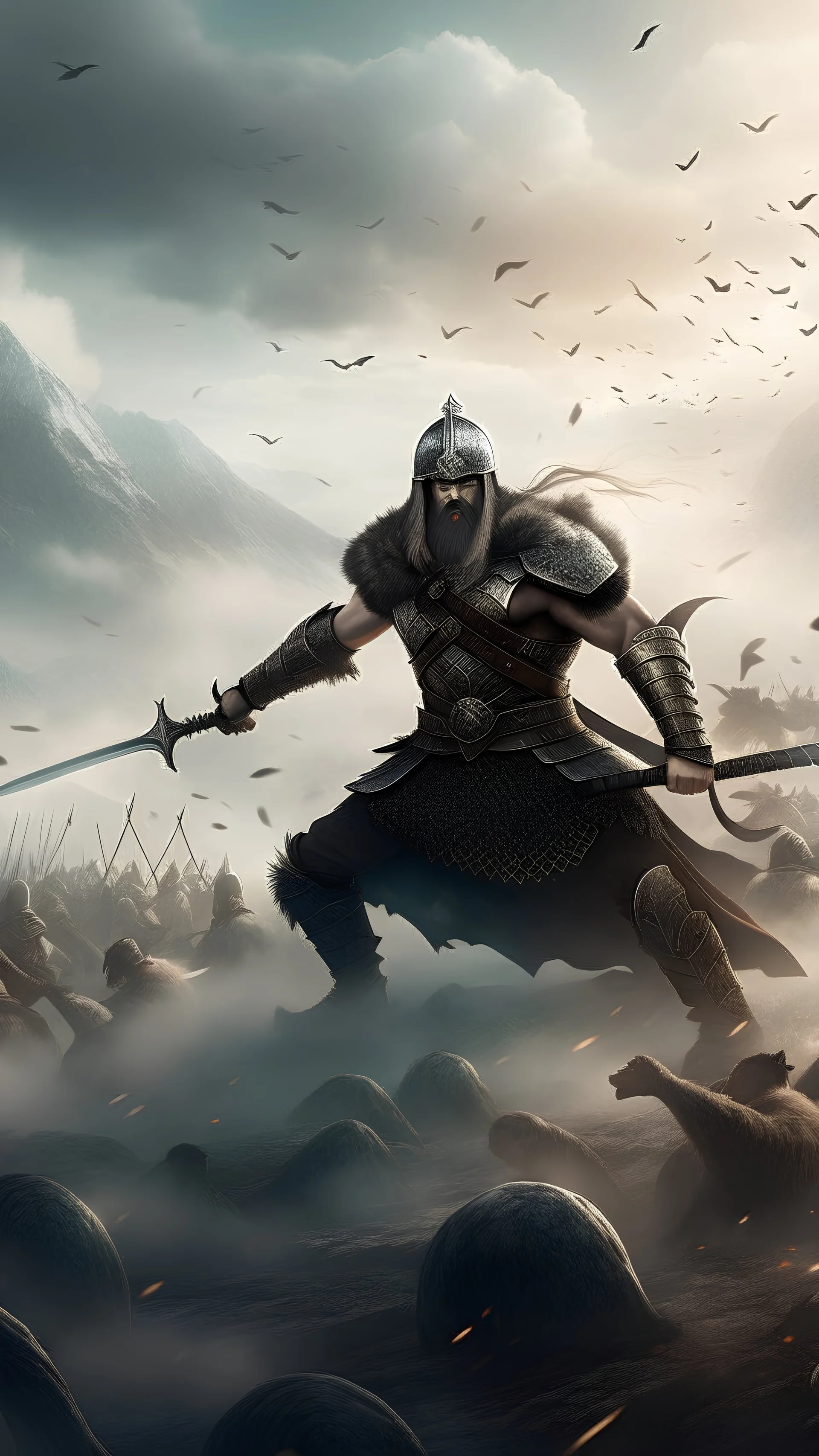 an epic battle scene featuring a powerful Viking leading a charge against mythical creatures. Capture the intensity of the moment with detailed weapons, armor, and swirling dust in a vast, ancient landscape.